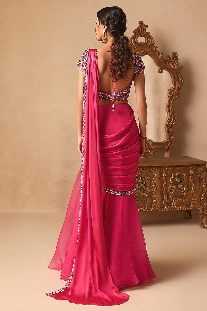 Fuchsia Pink Net & Satin Georgette Pre-Draped Wedding Saree Set by Rishika Singh at Pernia's Pop Up Shop