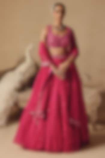 Fuchsia Pink Organza Wedding Lehenga Set by Rishika Singh at Pernia's Pop Up Shop