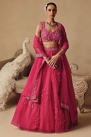Fuchsia Pink Organza Lehenga Set by Rishika Singh