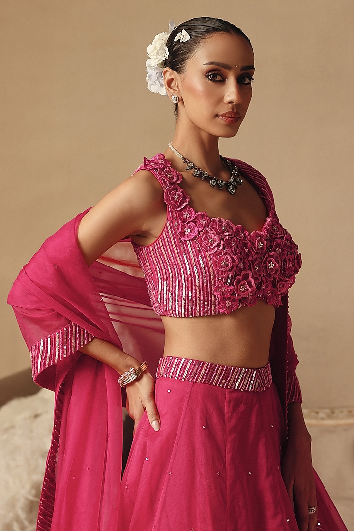 Fuchsia Pink Organza Wedding Lehenga Set by Rishika Singh at Pernia's Pop Up Shop