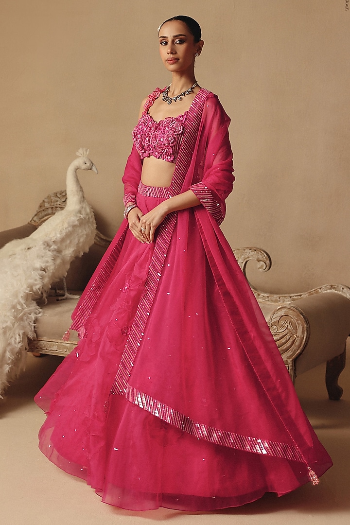 Fuchsia Pink Organza Wedding Lehenga Set by Rishika Singh at Pernia's Pop Up Shop