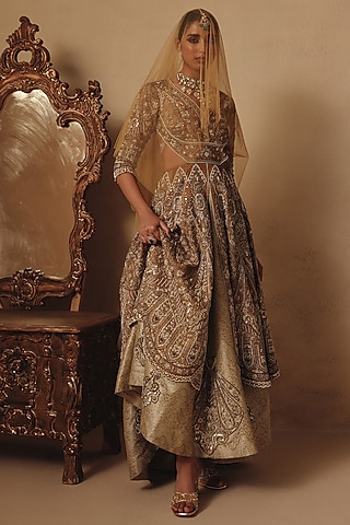Gold Tissue & Brocade Hand Embroidered Gown by Rishika Singh