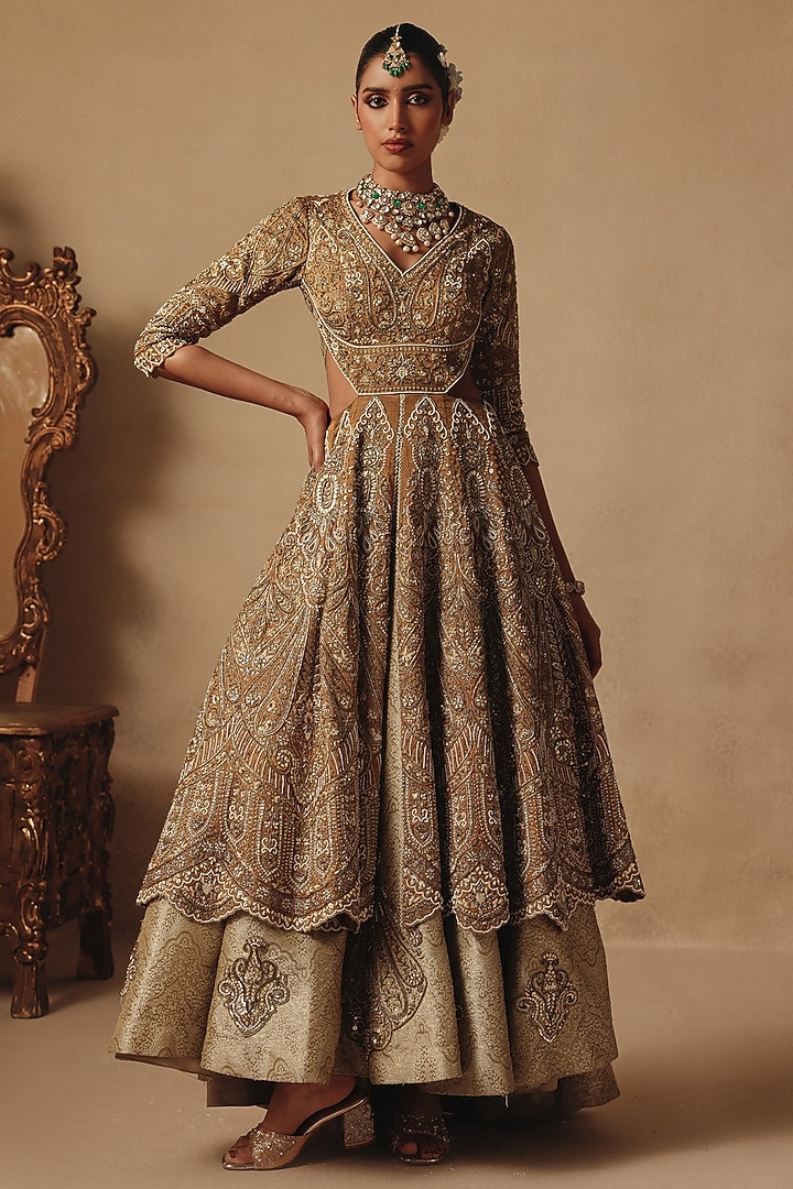 Gold Tissue & Brocade Hand Embroidered Bridal Gown by Rishika Singh at Pernia's Pop Up Shop