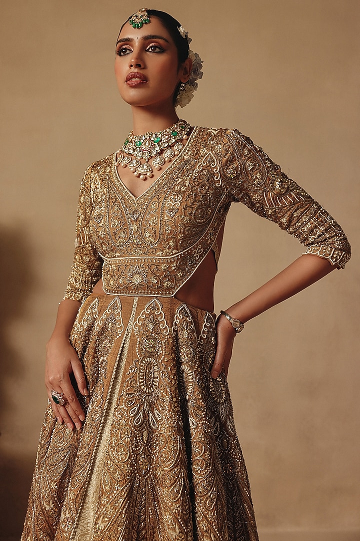 Gold Tissue & Brocade Hand Embroidered Bridal Gown by Rishika Singh at Pernia's Pop Up Shop