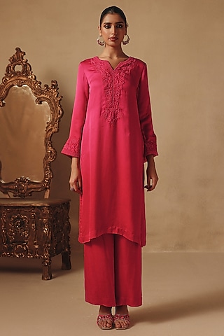 Pink Ombre Organza & Bamberg Satin Hand Embroidered Kurta Set by Rishika Singh