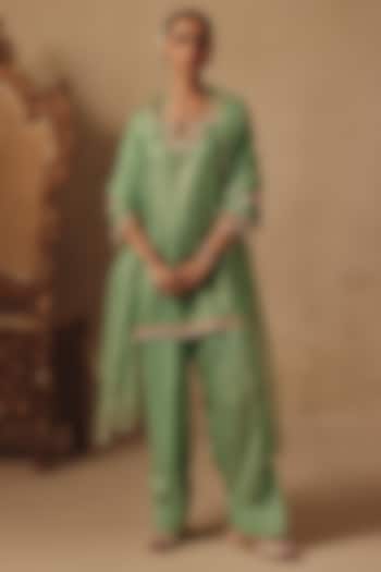 Teal Green Bamberg Satin Hand Embroidered Kurta Set by Rishika Singh at Pernia's Pop Up Shop
