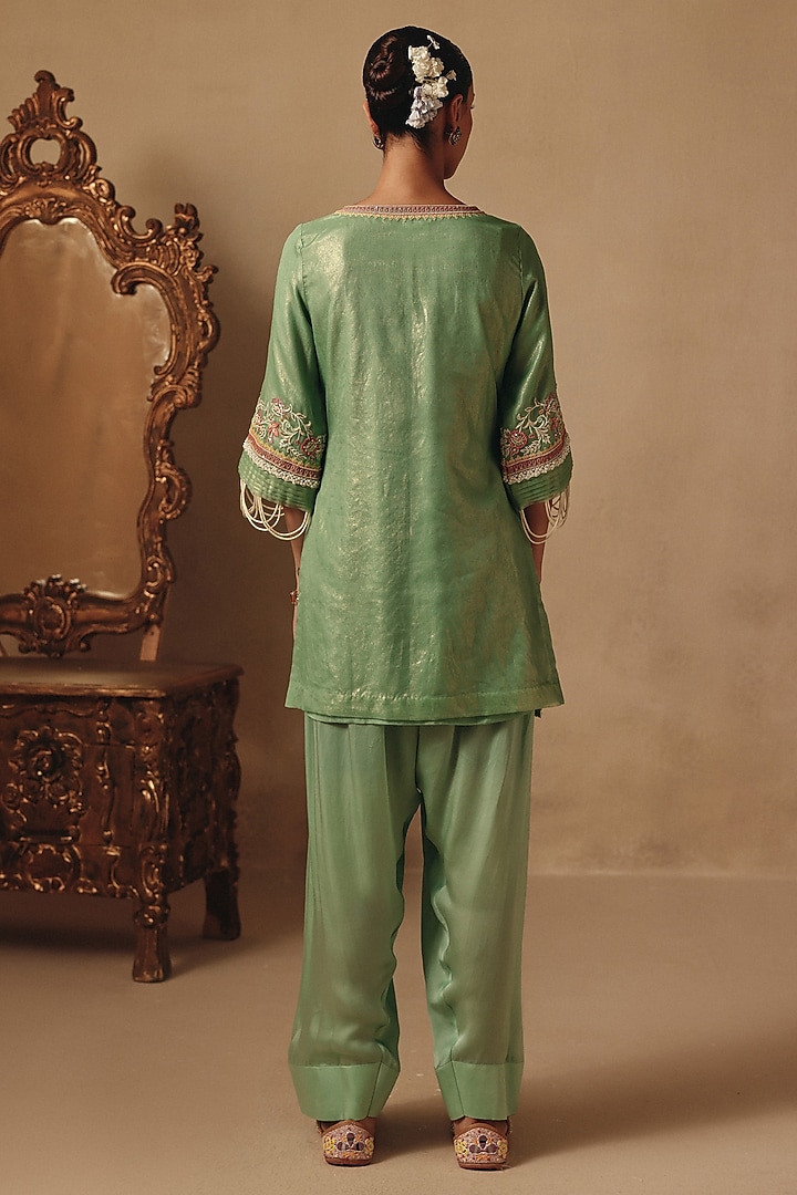 Teal Green Bamberg Satin Hand Embroidered Kurta Set by Rishika Singh at Pernia's Pop Up Shop