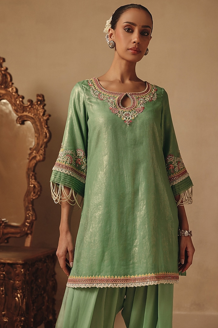 Teal Green Bamberg Satin Hand Embroidered Kurta Set by Rishika Singh at Pernia's Pop Up Shop