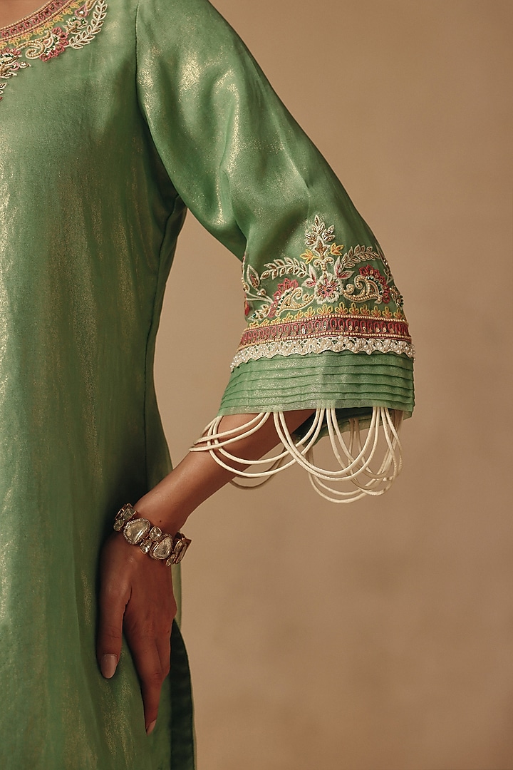 Teal Green Bamberg Satin Hand Embroidered Kurta Set by Rishika Singh at Pernia's Pop Up Shop