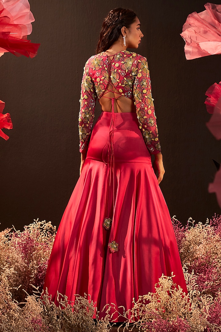 Pink Sumo Satin Draped Mermaid Wedding Lehenga Set by Rishika Singh at Pernia's Pop Up Shop