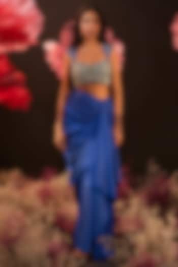 Blue Satin Lycra Draped Skirt Set by Rishika Singh at Pernia's Pop Up Shop