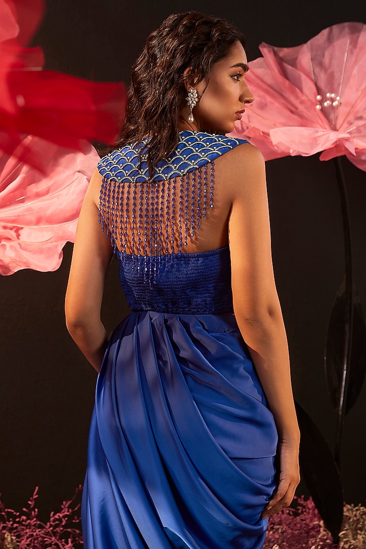 Blue Satin Lycra Draped Skirt Set by Rishika Singh at Pernia's Pop Up Shop