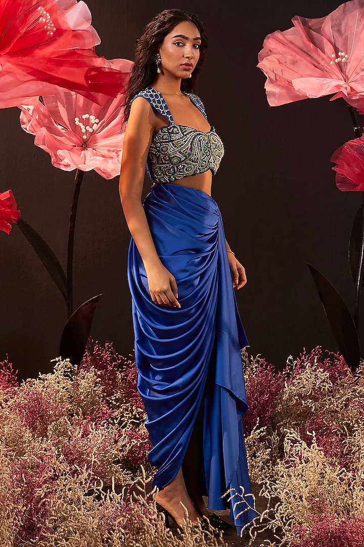 Blue Satin Lycra Draped Skirt Set by Rishika Singh at Pernia's Pop Up Shop