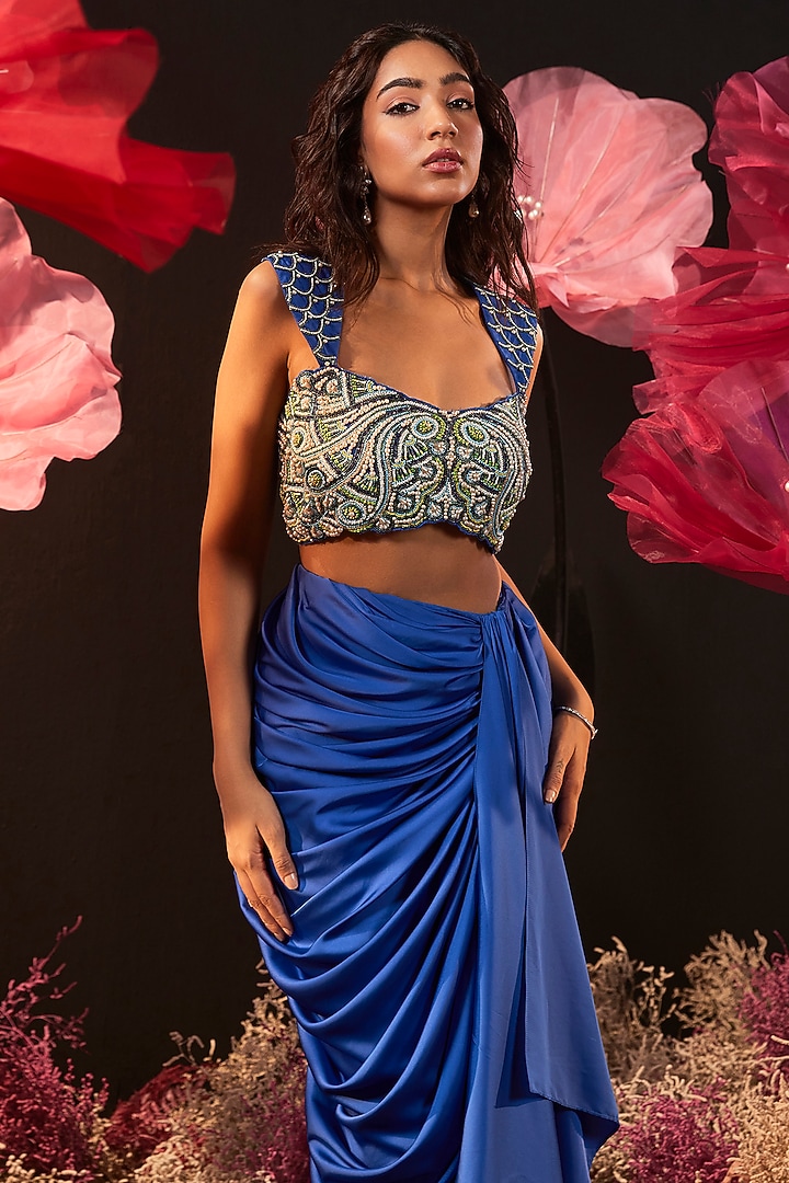 Blue Satin Lycra Draped Skirt Set by Rishika Singh at Pernia's Pop Up Shop