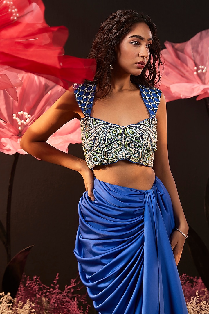 Blue Satin Lycra Draped Skirt Set by Rishika Singh at Pernia's Pop Up Shop