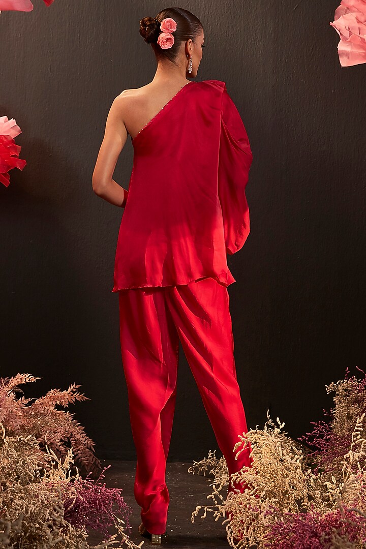 Red Bemberg Satin Hand Embroidered Co-Ord Set by Rishika Singh at Pernia's Pop Up Shop