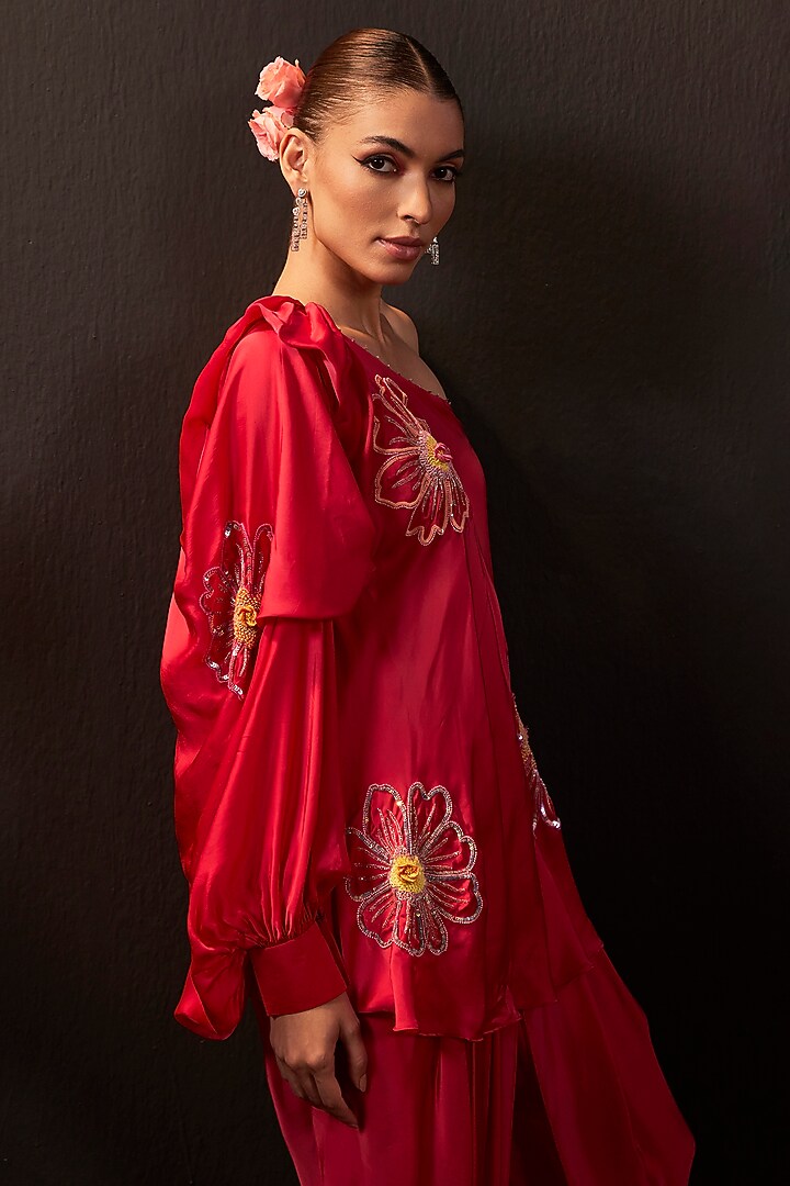 Red Bemberg Satin Hand Embroidered Co-Ord Set by Rishika Singh at Pernia's Pop Up Shop