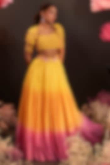 Yellow Ombre Organza Wedding Lehenga Set by Rishika Singh at Pernia's Pop Up Shop