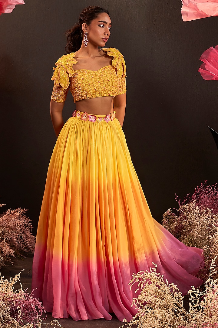 Yellow Ombre Organza Wedding Lehenga Set by Rishika Singh at Pernia's Pop Up Shop