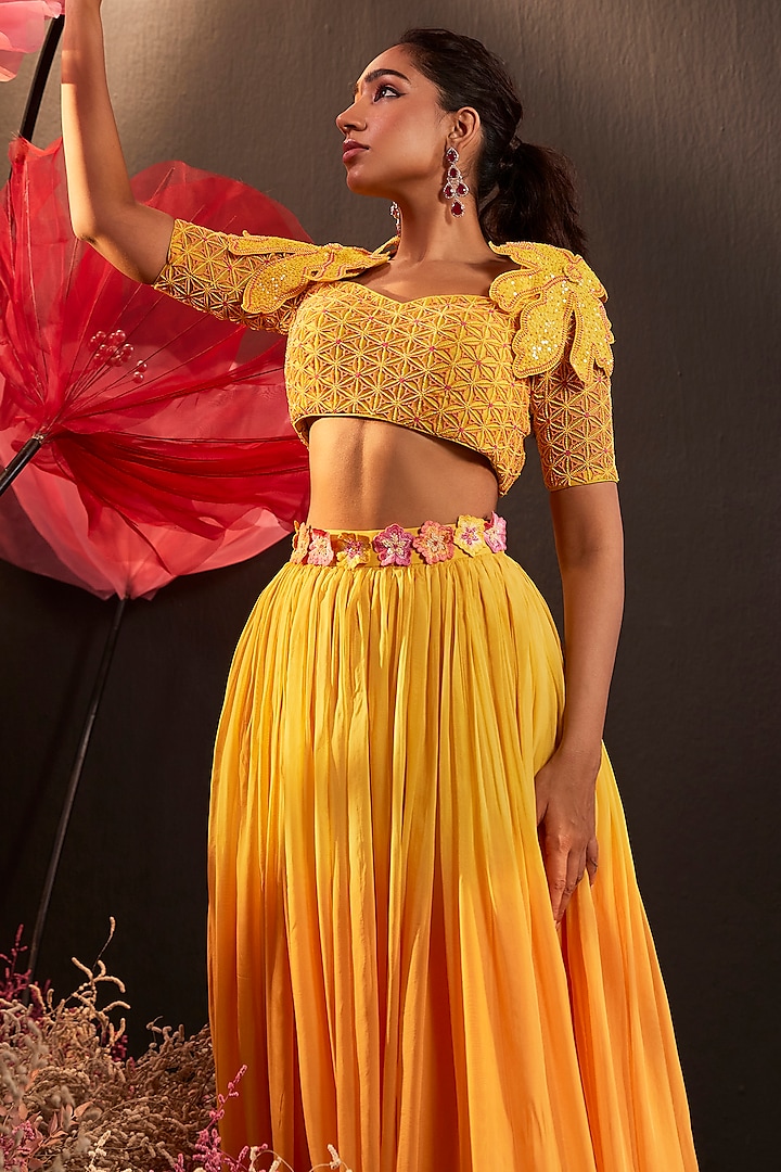 Yellow Ombre Organza Wedding Lehenga Set by Rishika Singh at Pernia's Pop Up Shop