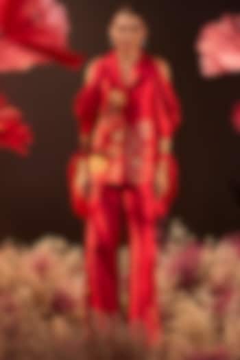 Red Dupion Silk Floral Embroidered Jacket Set by Rishika Singh at Pernia's Pop Up Shop
