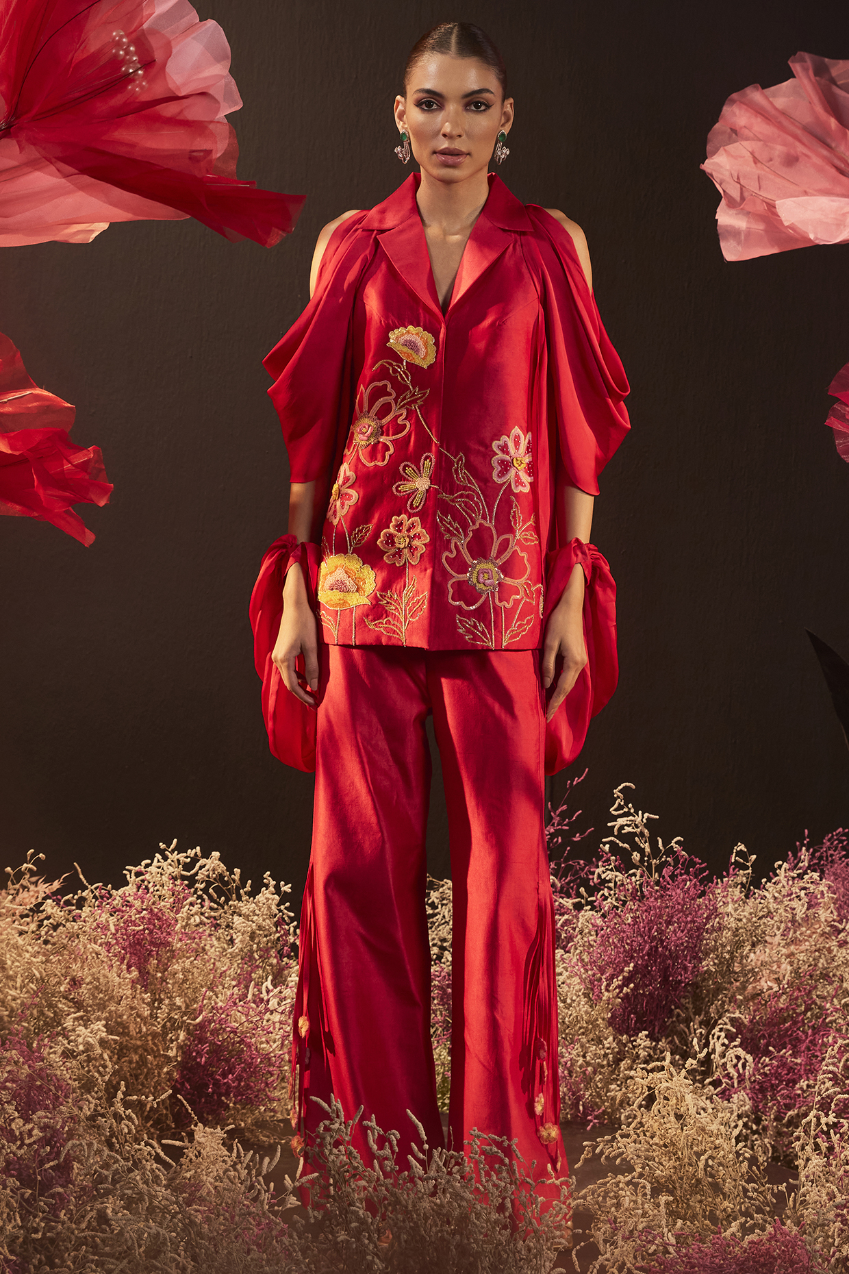 Red Dupion Silk Floral Embroidered Jacket Set by Rishika Singh at Pernia's Pop Up Shop