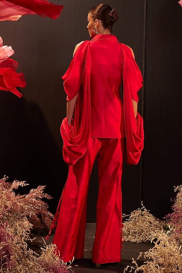Red Dupion Silk Floral Embroidered Jacket Set by Rishika Singh at Pernia's Pop Up Shop