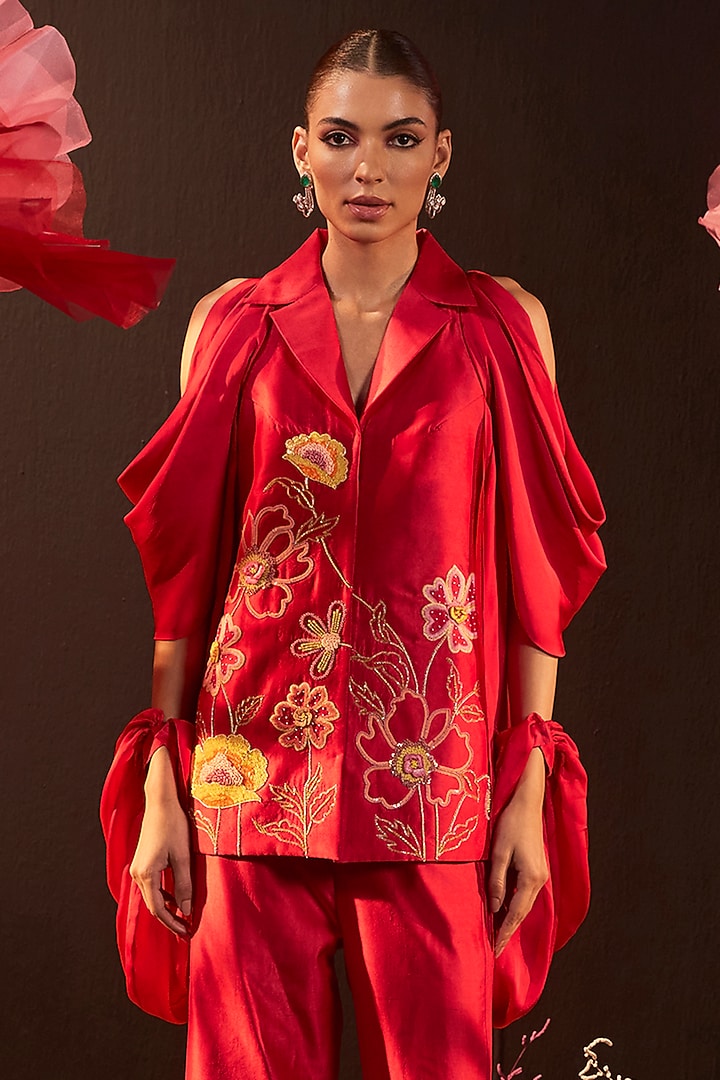 Red Dupion Silk Floral Embroidered Jacket Set by Rishika Singh at Pernia's Pop Up Shop