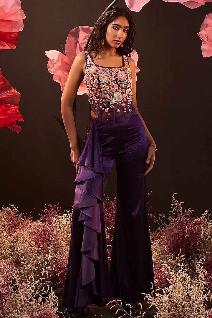 Purple Satin Lycra Pant Set by Rishika Singh at Pernia's Pop Up Shop