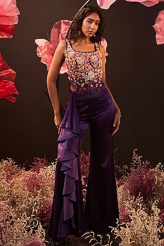 Purple Satin Lycra Pant Set by Rishika Singh