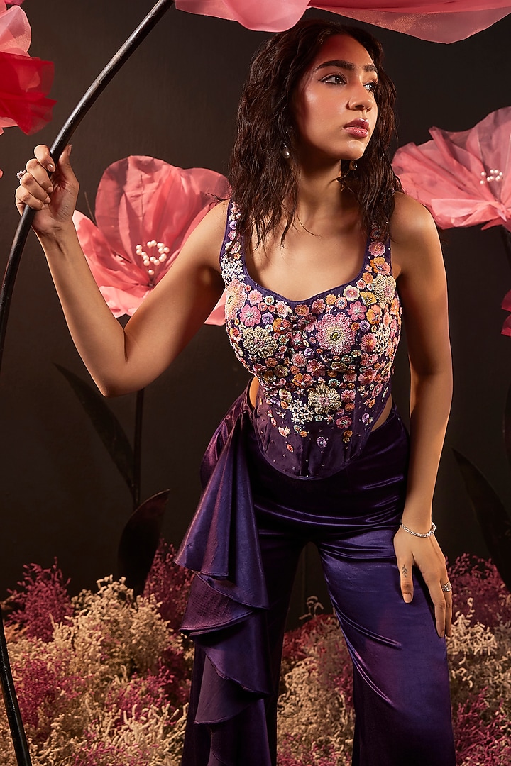 Purple Satin Lycra Pant Set by Rishika Singh at Pernia's Pop Up Shop