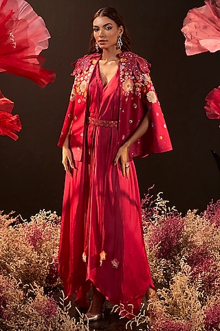 Pink Satin Georgette Embroidered Jacket Dress by Rishika Singh
