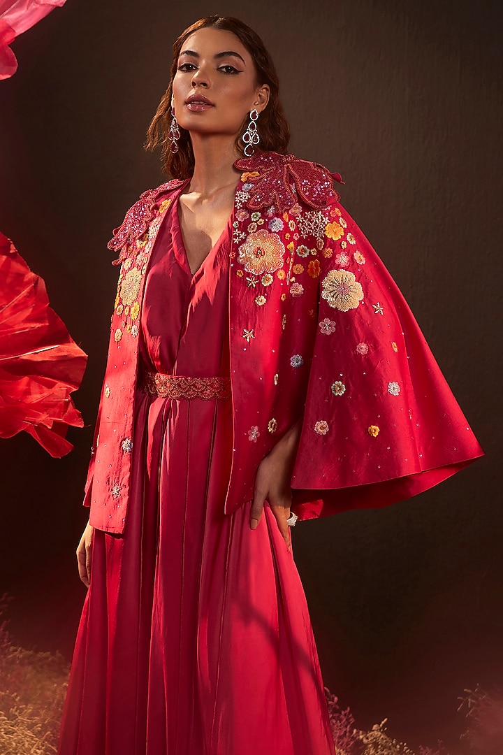 Pink Satin Georgette Embroidered Jacket Cocktail Dress by Rishika Singh at Pernia's Pop Up Shop