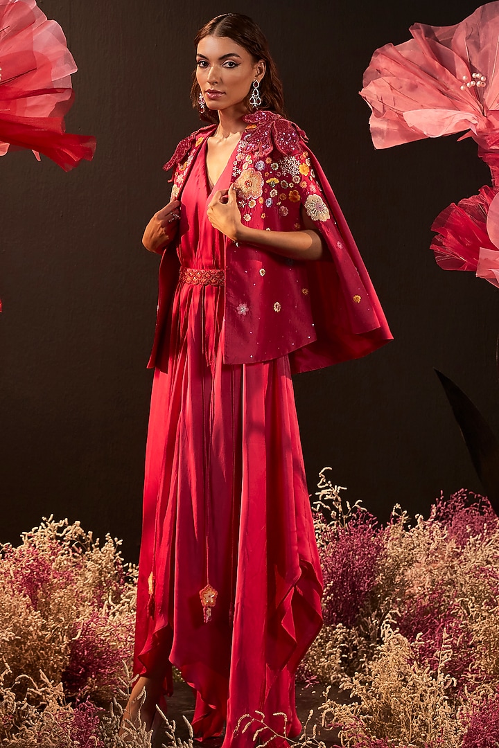 Pink Satin Georgette Embroidered Jacket Cocktail Dress by Rishika Singh at Pernia's Pop Up Shop