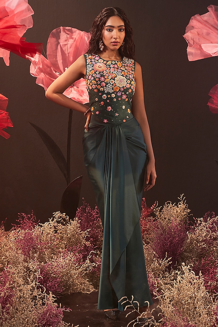 Green Satin Lycra Draped Skirt Set by Rishika Singh at Pernia's Pop Up Shop