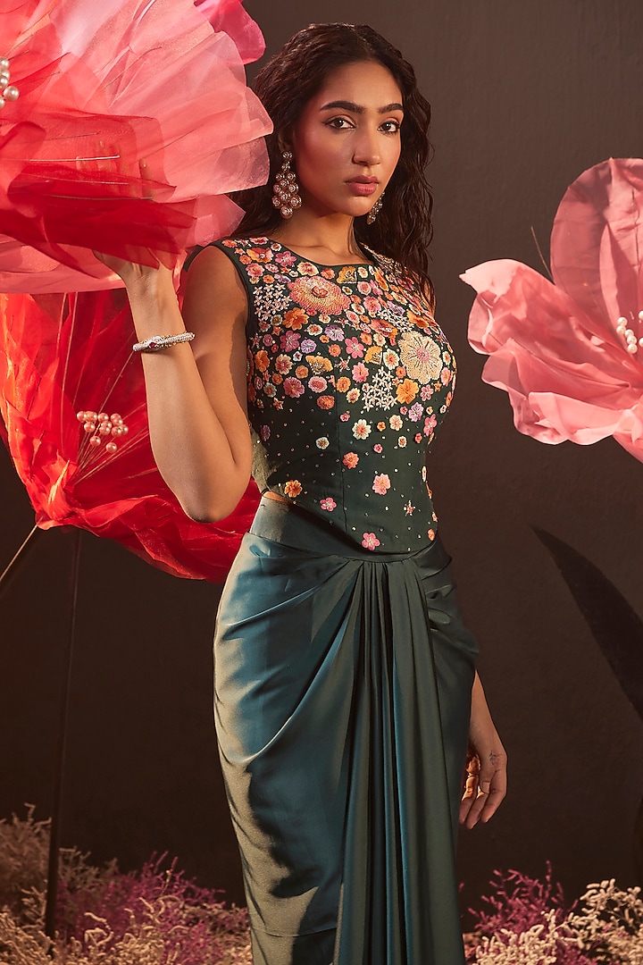 Green Satin Lycra Draped Skirt Set by Rishika Singh at Pernia's Pop Up Shop