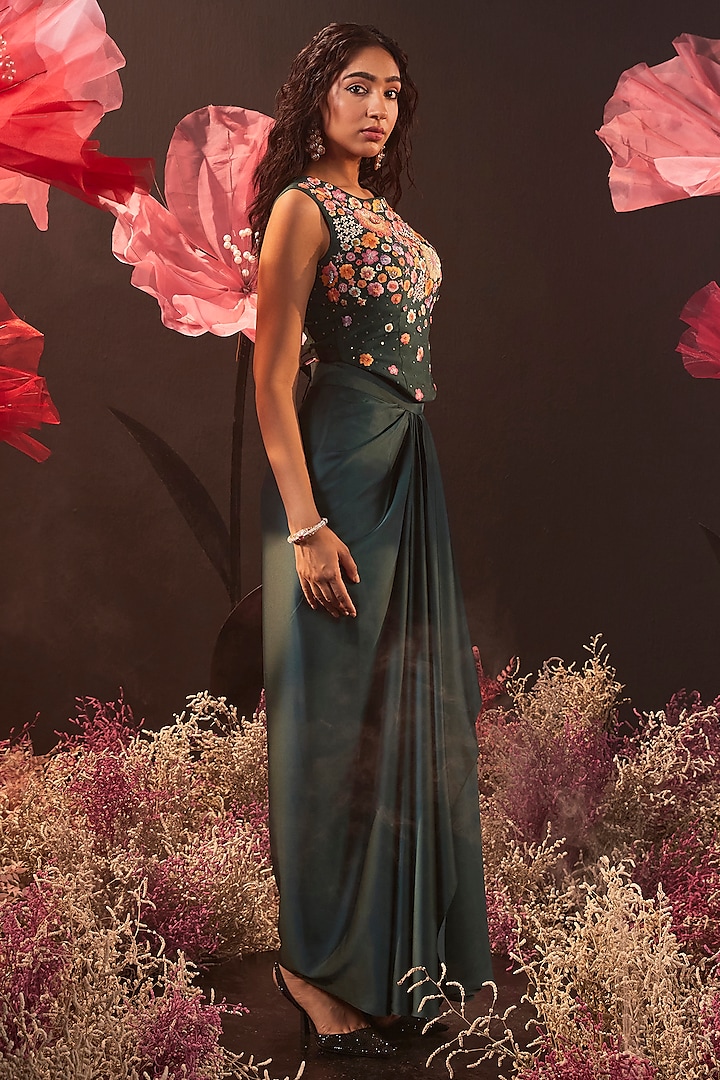Green Satin Lycra Draped Skirt Set by Rishika Singh at Pernia's Pop Up Shop