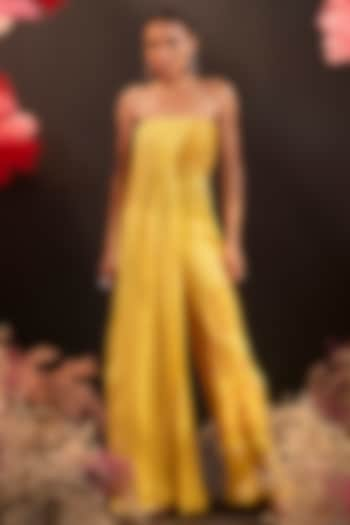 Yellow Satin Georgette & Organza Hand Embroidered Jumpsuit by Rishika Singh at Pernia's Pop Up Shop