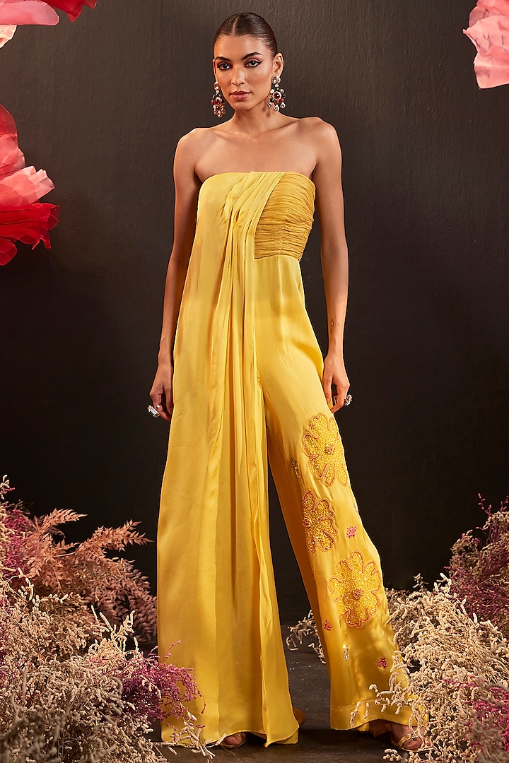 Yellow Satin Georgette & Organza Hand Embroidered Jumpsuit by Rishika Singh at Pernia's Pop Up Shop