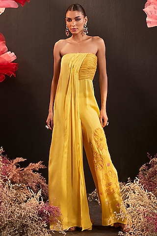Yellow Satin Georgette & Organza Hand Embroidered Jumpsuit by Rishika Singh