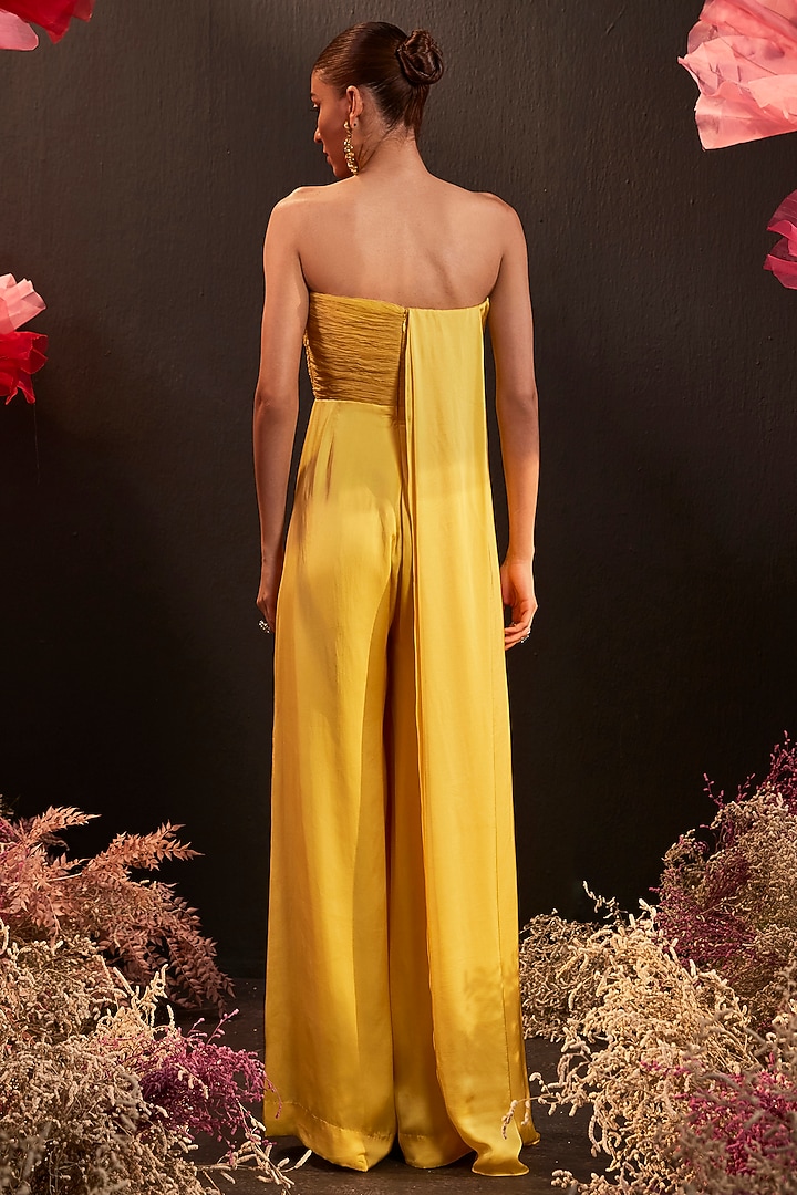 Yellow Satin Georgette & Organza Hand Embroidered Jumpsuit by Rishika Singh at Pernia's Pop Up Shop