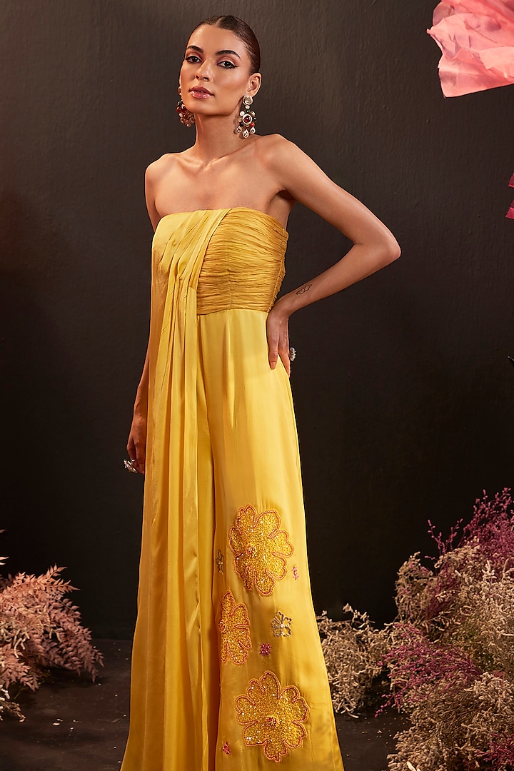Yellow Satin Georgette & Organza Hand Embroidered Jumpsuit by Rishika Singh at Pernia's Pop Up Shop