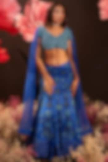 Blue Silk Organza Hand Embroidered Bridal Lehenga Set by Rishika Singh at Pernia's Pop Up Shop