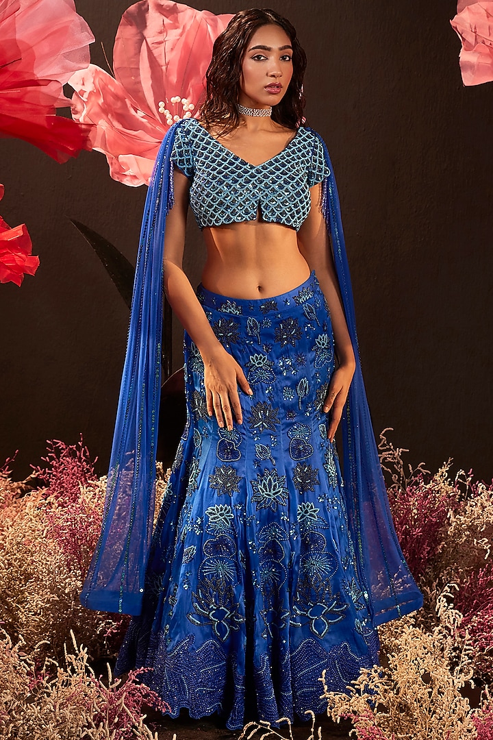 Blue Silk Organza Hand Embroidered Bridal Lehenga Set by Rishika Singh at Pernia's Pop Up Shop