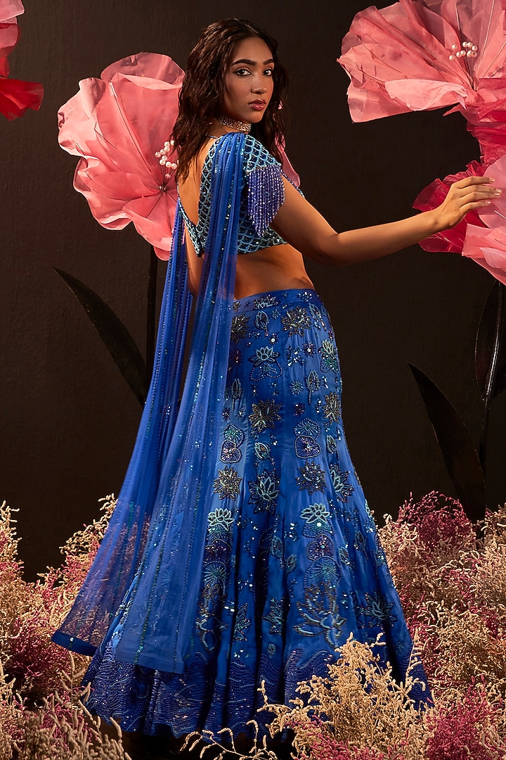 Blue Silk Organza Hand Embroidered Bridal Lehenga Set by Rishika Singh at Pernia's Pop Up Shop