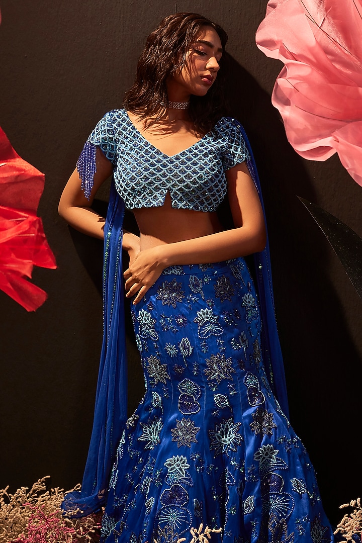 Blue Silk Organza Hand Embroidered Bridal Lehenga Set by Rishika Singh at Pernia's Pop Up Shop