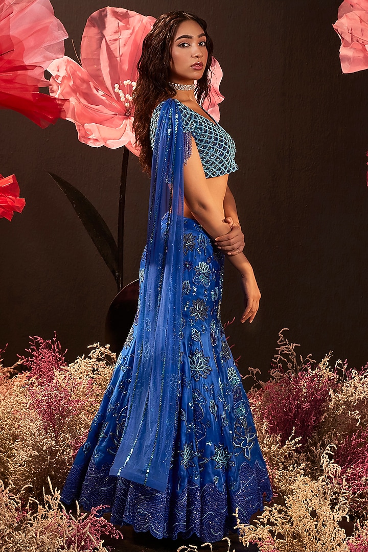 Blue Silk Organza Hand Embroidered Bridal Lehenga Set by Rishika Singh at Pernia's Pop Up Shop