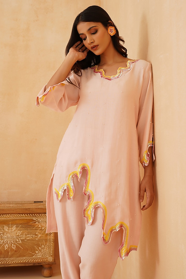 Light Pink Chanderi Hand Embroidered Co-Ord Set by Rishika Singh at Pernia's Pop Up Shop