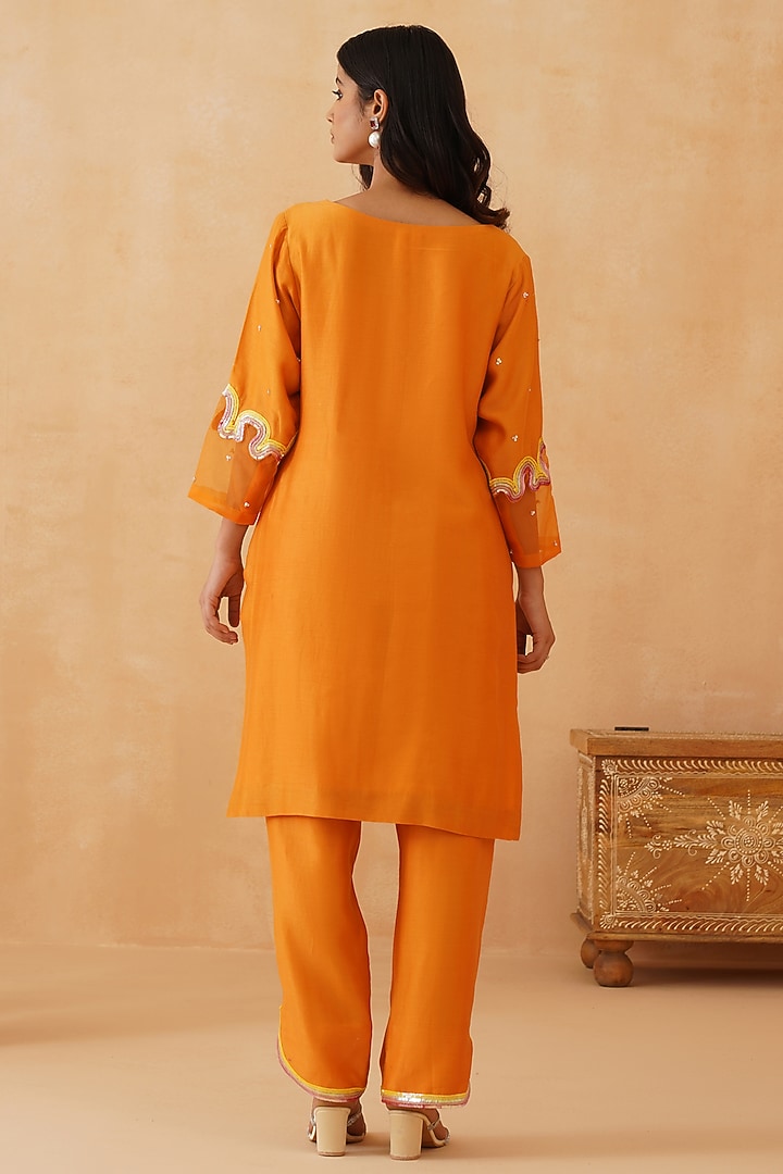 Orange Chanderi Sequins Embroidered Kurta Set by Rishika Singh at Pernia's Pop Up Shop