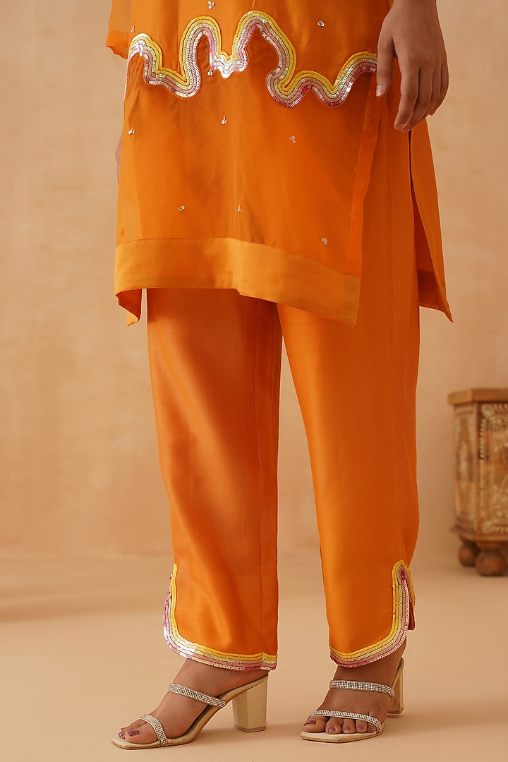 Orange Chanderi Sequins Embroidered Kurta Set by Rishika Singh at Pernia's Pop Up Shop